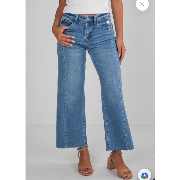 Vervet Denim - VERVET | Brielle Medium Wash High-Rise Wide Leg Crop Raw Hem Denim Jeans, 27